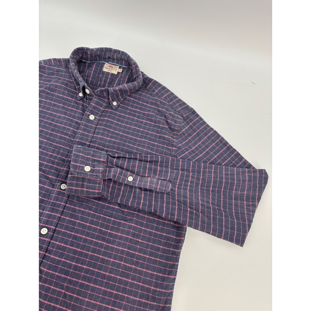 Faherty Brand Mens Large Navy Blue Pink Grid Flannel Button Down Shirt RN 140476